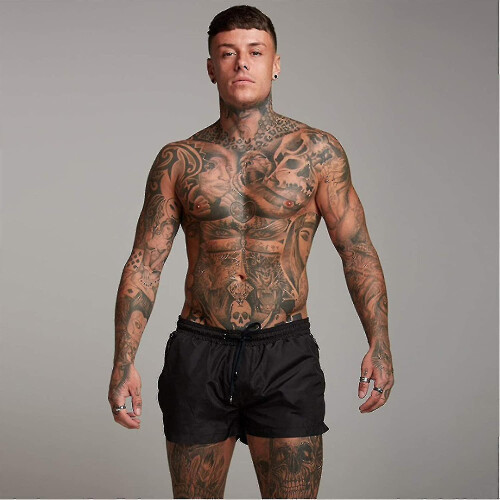 (Black, S) Men's Swim Trunks Mid-Length Quick-Drying with Zip Pockets and Adjustable Drawstring 1