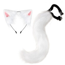 (White) Set de accesorios para cosplay de zorro y gato, cola de piel sintética 50cm, diadema con orejas para fiestas de disfraces