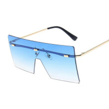 (Double Blue) Vintage Square Siamese Rimless Oversized Sunglasses for Women, Ocean Lens Big Shades, Oculos De Sol