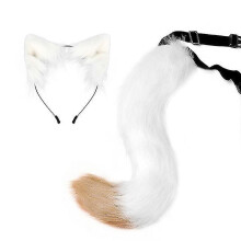 (White Khaki) 2 stuks verstelbare vos en kat cosplay accessoires, imitatiebont staart en oor hoofdband voor halloween feest