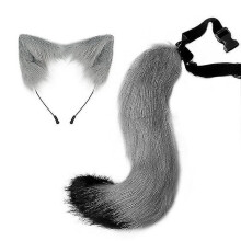 (Grey) Verstelbare vosstaart katoren haarband, 2-delige set imitatiebont voor cosplay, Halloween en feesten, 50 cm staart