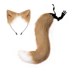 (Khaki) Fascia con orecchie e coda di volpe in pelliccia sintetica, 2 pezzi per cosplay Halloween e feste, coda 50cm