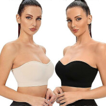 (beige black, M) Strapless bandeau-bh met uitneembare gewatteerde cups, naadloze nylon tube top en verstelbare transparante bandjes.