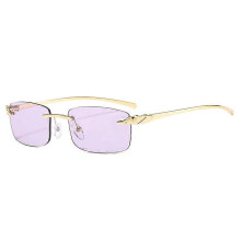 (Golden purple) Rimless Rectangle Cheetah Sunglasses, Clear Lens, Candy Colour, Vintage Unisex Eyewear by SO&EI
