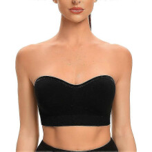 (black, XL) Strapless bandeau-bh met uitneembare gewatteerde cups, naadloze nylon tube top en verstelbare transparante bandjes.