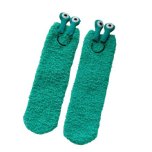 (Green) Plüschsocken mit Froschaugen-Motiv für Damen, 3D-Design, flauschig und warm, aus Polyester, 27 cm lang