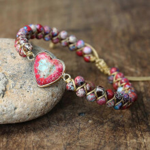 (A111) Hartvormige bedelarmband voor vrouwen, boheemse handgevlochten touw, zinklegering stenen mood tracker, vetersluiting