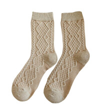(Light brown) Calcetines de mujer, gruesos, de alta elasticidad, con textura romboidal, hasta la pantorrilla, de acrílico cálido.