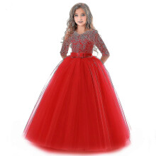 (378 Red, 11) Girls Lace Ball Gown Sleeveless O-neck Ankle-Length Formal Prom Dress For Kids Teens 4-14 Years Wedding Party Evening Bridesmaid