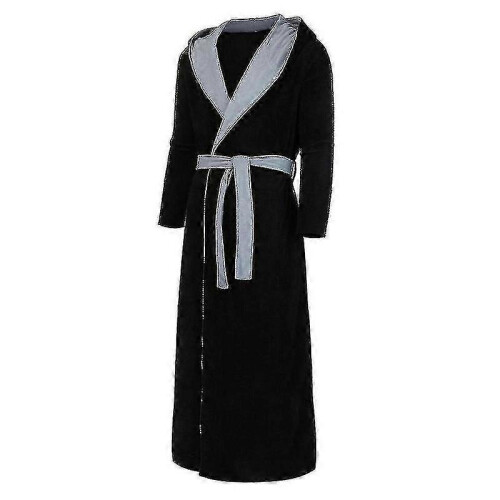 (Black Grey, L) Accappatoio da uomo con cappuccio, foderato in pile, lunghezza lunga. 1