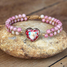 (A146) Hartvormige bedelarmband voor vrouwen, boheemse handgevlochten touw, zinklegering stenen mood tracker, vetersluiting