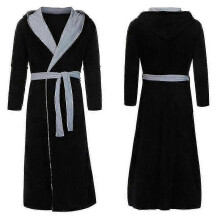 (Black Grey, M) Bata de baño larga con capucha y forro polar para hombre.