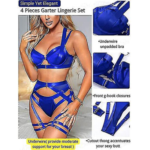 (Blue, M) Adjustable Front Closure Bustier Set, Underwire Bra with High-Cut Thong 1