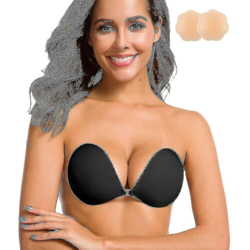 (Black, D) Silicone Invisible Strapless Bra with Deep V Support, Reusable Adhesive, Pullover Closure for Backless Dresses 1