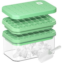 Stampo per cubetti di ghiaccio in silicone con coperchio e contenitore, facile da sformare.