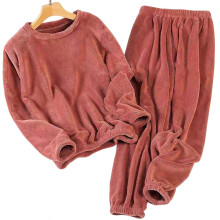 (Rose Red, XL) Completo pigiama da donna in flanella spessa e calda, tinta unita, girocollo, due pezzi, elastico in vita, taglie forti per l'inverno.