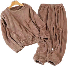(Khaki, XL) Ensemble pyjama deux pièces en flanelle chaude et épaisse pour femme, pull à col rond uni, grande taille élastiquée pour l'hiver