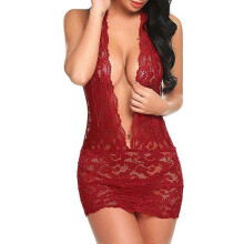 (Wine Red, XL) Women's Solid Spandex Babydoll Bodysuit Lingerie Set, Regular Size, Black Dark Green Wine Red Grey, for Glamour Occasion