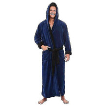 (Dark Blue Black, S) Bata de baño con capucha para hombre, de poliéster, cálida y larga, para invierno.