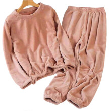 (Peach, 3XL) Womens Thick Warm Flannel Pyjama Set Solid Colour Round Neck Pullover Two Piece Sleepwear for Winter Loungewear
