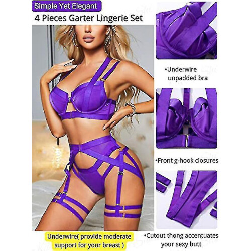 (Purple, L) Adjustable Front Closure Bustier Set, Underwire Bra with High-Cut Thong 1