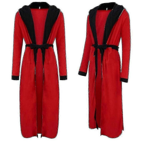 (Red Black, XL) Accappatoio da uomo con cappuccio, foderato in pile, lunghezza lunga. 1