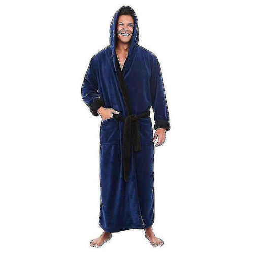(Dark Blue Black, 3XL) Accappatoio da uomo con cappuccio, foderato in pile, lunghezza lunga. 1