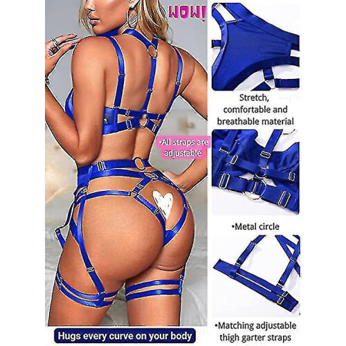 (Blue, S) Adjustable Front Closure Bustier Set, Underwire Bra with High-Cut Thong 2