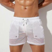 (White, XL) Herens Gestreept Transparante Zwembroek, Midden Taille Elastisch Trekkoord, Met Gaasvoering Nylon, voor Strand Surfen Gym Vrije Tijd