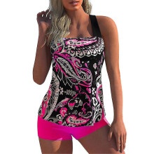 (Pink, 5XL) Damesbadkleding met bloemenprint, plus size, haltertop en shortje, tweedelige set, nylon, maten XL tot 5XL