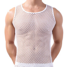 (M, White) Canotta da donna, collo a O senza maniche, traforata trasparente, in poliestere elastico traspirante per pigiami ogni stagione