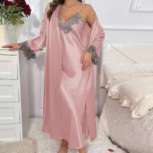 (Pink, Asian S equals Eu XS) Dames Zijde Satijnen Kimono Badjas En Jurk Set, Met V-hals, Vetersluiting, Voor Bruid En Huwelijksreis, Alle Seizoenen