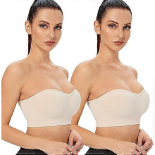 (beige, L) Bandeau-bh zonder bandjes voor dames, naadloze gewatteerde bralette, aantrekbare bh zonder beugel met verstelbare transparante bandjes
