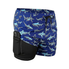 (Dark Blue Shark, S) Double Layer Men's Swimming Trunks, 2-in-1 with Compression Liner, Quick Dry 4-Way Stretch, Zipper Sand Proof Pockets