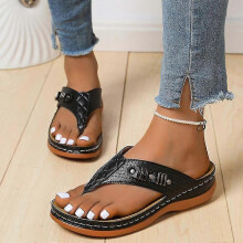 (Black, 38) Chanclas de dedo ortopédicas para mujer, cuña de 3cm, material de cuero sintético, suela de goma para playa y uso interior exterior