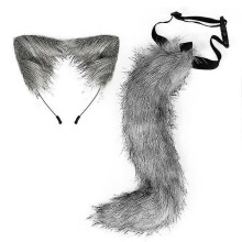 (Dark Grey) Fascia con orecchie e coda di volpe in pelliccia sintetica, 2 pezzi per cosplay Halloween e feste, coda 50cm