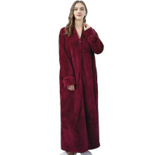 (red, M) Albornoz de mujer con cremallera, de polar felpado, manga larga hasta tobillos, para uso doméstico y descanso, lavable a máquina