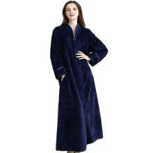 (blue, S) Accappatoio da donna in pile con chiusura lampo, maniche lunghe fino alla caviglia per riposo a casa in inverno