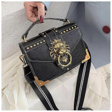 (Black) Bolso bandolera mini cuadrado retro para mujer, PU, cabeza de león de metal, para fiestas, viajes, citas y compras, marrón, rojo y negro.