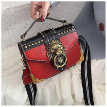 (Red) Retro mini vierkante crossbody schoudertas voor dames, PU, metalen leeuwenkop, voor feestjes, reizen, dates en winkelen, bruin, rood, zwart