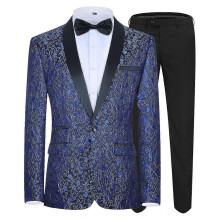 (XS, Blue) Men's Slim Fit 2-Piece Jacquard Tuxedo Suit, Notched Lapel, For Wedding Party Prom Graduation Formal Occasion