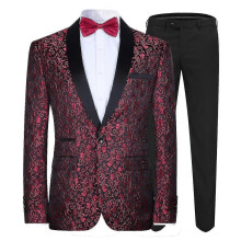 (2XL, Red) Men's Slim Fit 2-Piece Jacquard Tuxedo Suit, Notched Lapel, For Wedding Party Prom Graduation Formal Occasion
