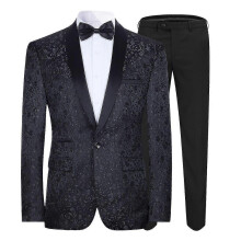 (XS, Black) Men's Slim Fit 2-Piece Jacquard Tuxedo Suit, Notched Lapel, 1 Button, for Wedding Prom Party Graduation Formal Occasion