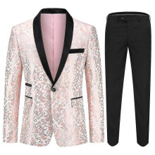 (3XL, Pink) Men's Slim Fit 2-Piece Jacquard Tuxedo Suit, Notched Lapel, For Wedding Party Prom Graduation Formal Occasion