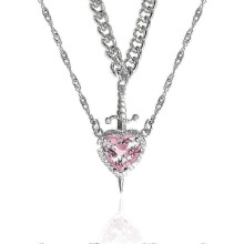 (silver pink) Collar para parejas corazón y espada, acero inoxidable, circonio corazón rojo, longitud ajustable, para aniversarios y san valentín
