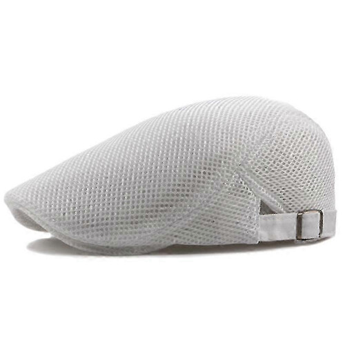 (White) Adjustable Mesh Newsboy Cap, Men Plain Polyester Flat Cabbie Hat, 55cm-60cm Head Circumference, 10cm Depth