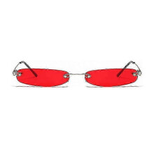 (RED) Tiny Rimless Rectangle Slim Sunglasses, Slender Metal Frame, Candy Colours, 18g Lightweight, for Men Women Travel Walking Shopping Photography