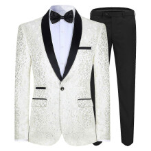 (XS, White) Men's Slim Fit 2-Piece Jacquard Tuxedo Suit, Notched Lapel, For Wedding Party Prom Graduation Formal Occasion