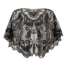 (cashew black gold) Elegant Sequined Shawl for Evening Wear, Black Beaded Cape for Parties and Weddings