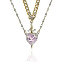 (gold pink) Heart and Sword Couple Necklace Gold Stainless Steel Pink Heart Zirconia Chain Sword Through Heart Pendant Jewellery for Couples